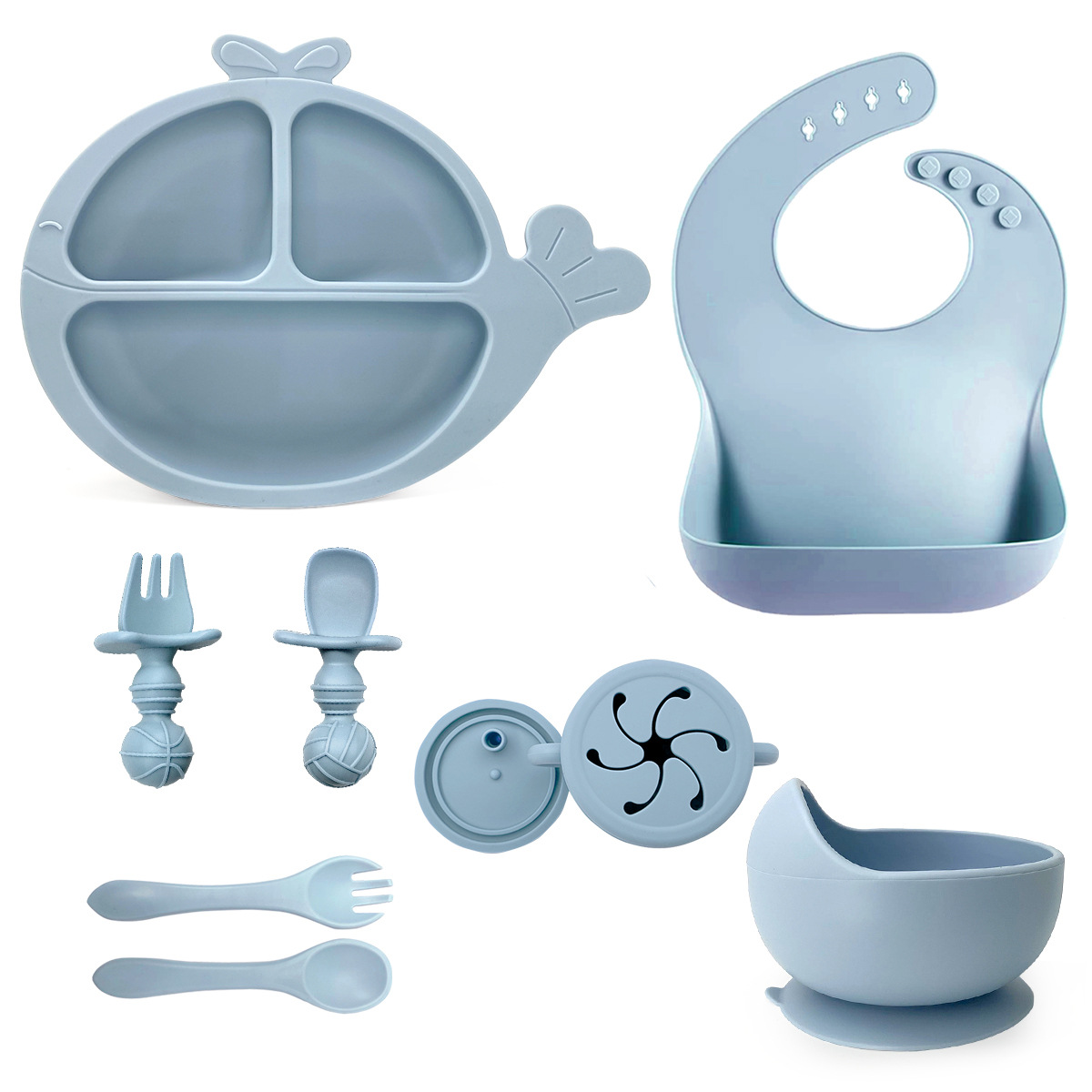 Grey Blue Silicone Baby Feeding Set Grey Blue Silicone Baby Feeding Set