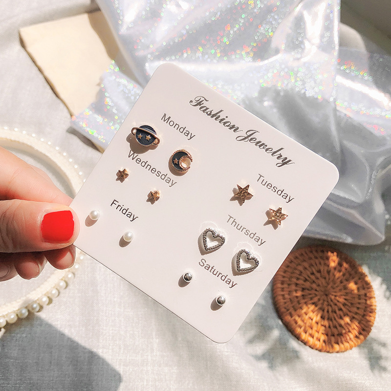 One Week Stud Earrings Set 925 Pearl Earrings Women Simple Fashion Trinkets Earrings Women Stall